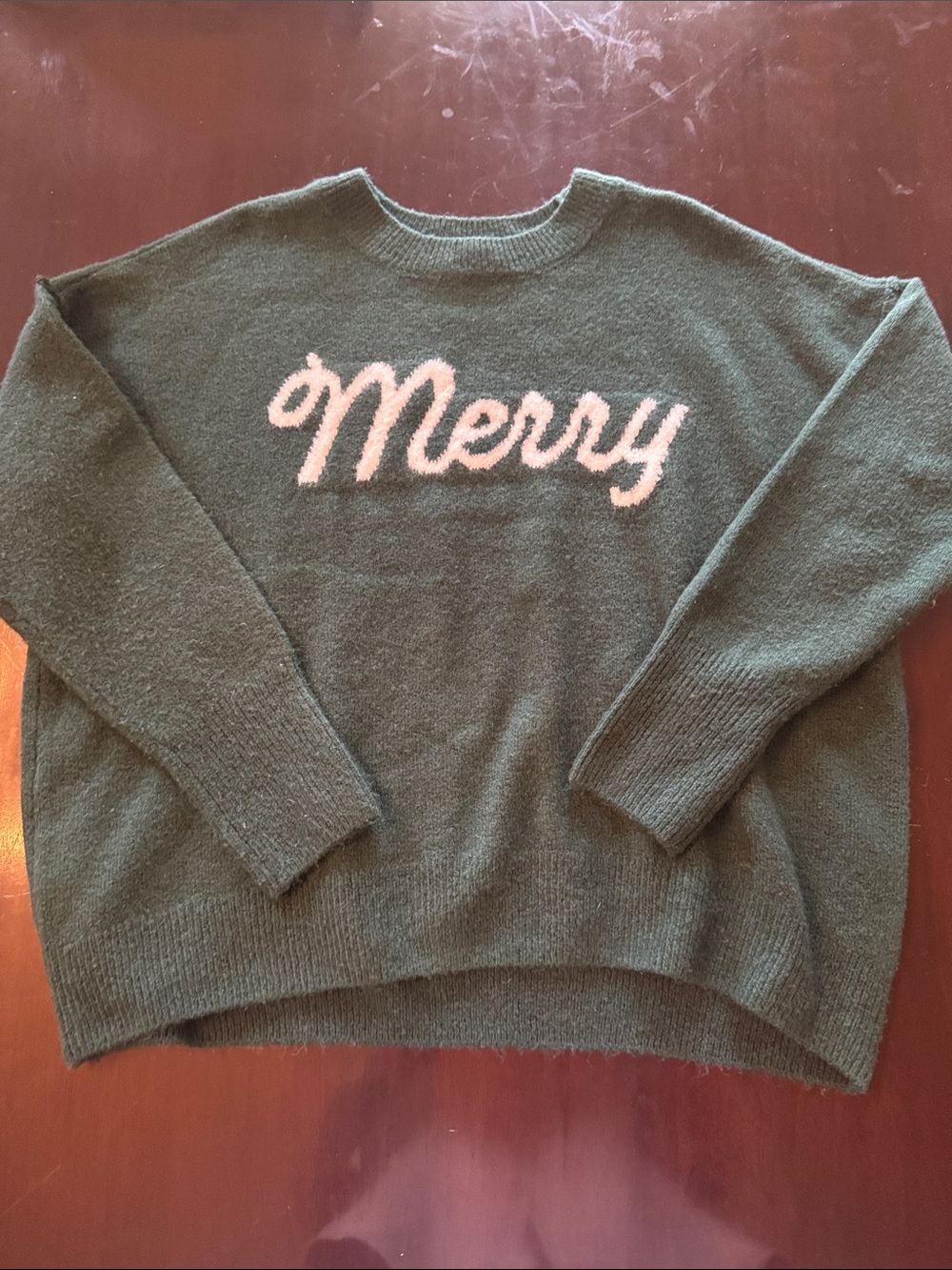 CeCe Dark Green 'Merry' Crewneck Sweater with White Script
